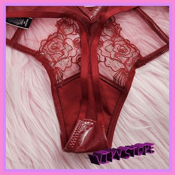 💖 NWT Victoria’s Secret Red Faux Leather Mesh Embroidery String M #7266 💖 - Picture 4 of 8